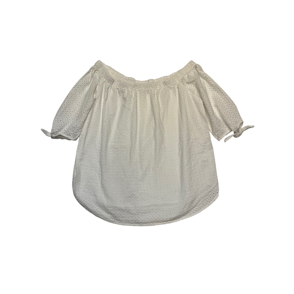 Jessica London White 100% Cotton Eyelet Off Shoulder Tie Sleeve Blouse Size 20W